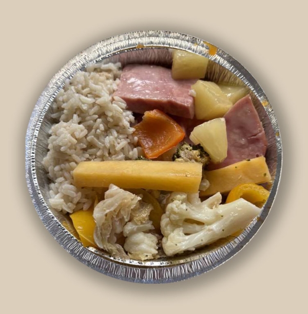 Jambon, riz et légumes